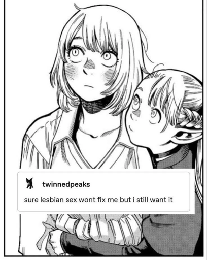 a monochromatic illustration of two girls, one with her hands around the other's waist, staring up at her longingly, while the other is looking up and away. across the middle-bottom of the image is the screenshot of a tumblr post by user "twinnedpeaks" that says "sure lesbian sex wont fix me but i still want it"