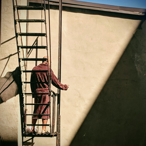 A man with his back to the camera, in a maroon bathrobe, ashing a cigarette off of a fire escape. A beige wall is in the background with a shadow cutting diagonally from the top right to the bottom center of the frame.